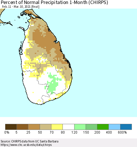 Sri Lanka Percent of Normal Precipitation 1-Month (CHIRPS) Thematic Map For 2/11/2021 - 3/10/2021