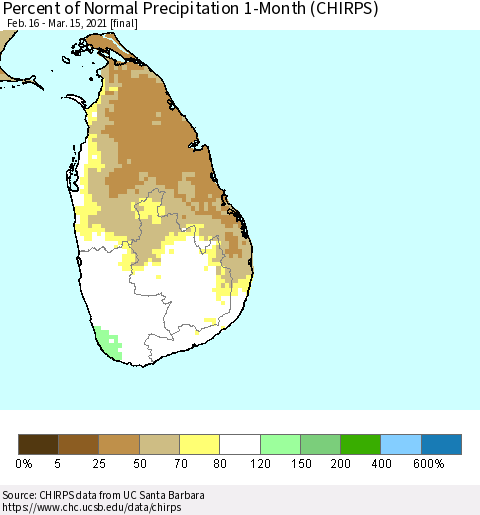 Sri Lanka Percent of Normal Precipitation 1-Month (CHIRPS) Thematic Map For 2/16/2021 - 3/15/2021