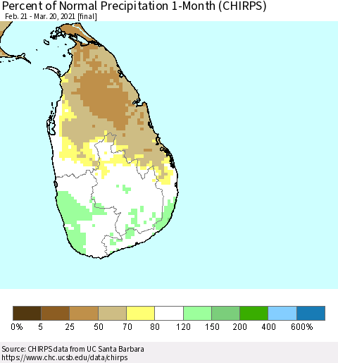 Sri Lanka Percent of Normal Precipitation 1-Month (CHIRPS) Thematic Map For 2/21/2021 - 3/20/2021