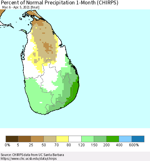 Sri Lanka Percent of Normal Precipitation 1-Month (CHIRPS) Thematic Map For 3/6/2021 - 4/5/2021