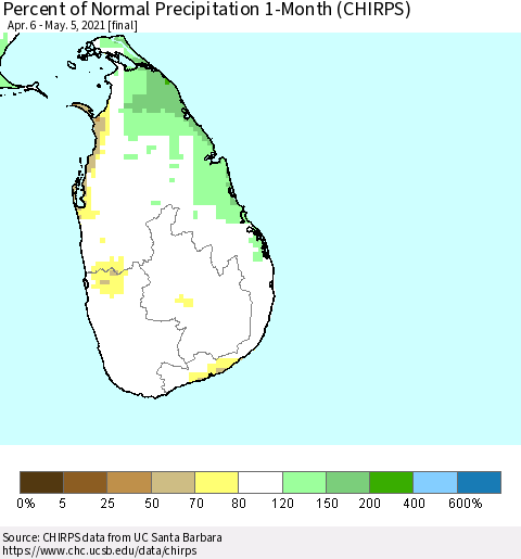 Sri Lanka Percent of Normal Precipitation 1-Month (CHIRPS) Thematic Map For 4/6/2021 - 5/5/2021