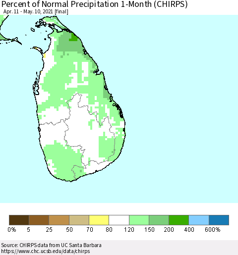 Sri Lanka Percent of Normal Precipitation 1-Month (CHIRPS) Thematic Map For 4/11/2021 - 5/10/2021