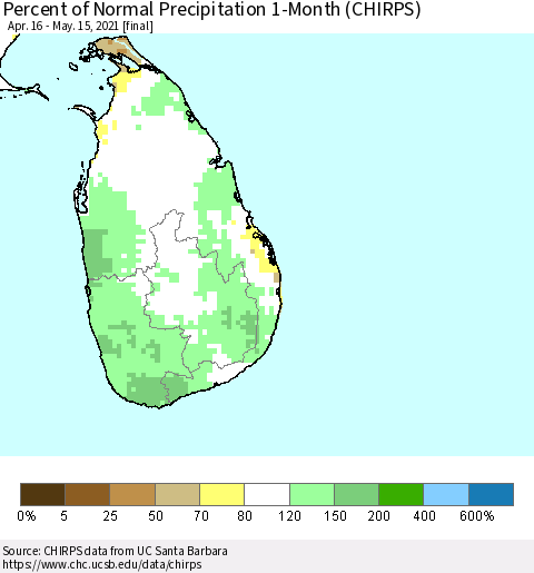 Sri Lanka Percent of Normal Precipitation 1-Month (CHIRPS) Thematic Map For 4/16/2021 - 5/15/2021