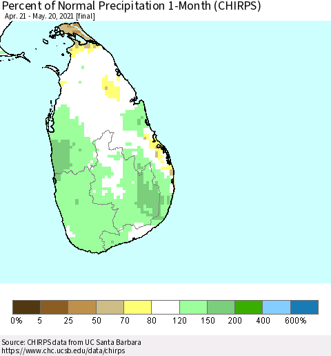 Sri Lanka Percent of Normal Precipitation 1-Month (CHIRPS) Thematic Map For 4/21/2021 - 5/20/2021