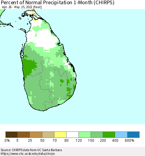 Sri Lanka Percent of Normal Precipitation 1-Month (CHIRPS) Thematic Map For 4/26/2021 - 5/25/2021