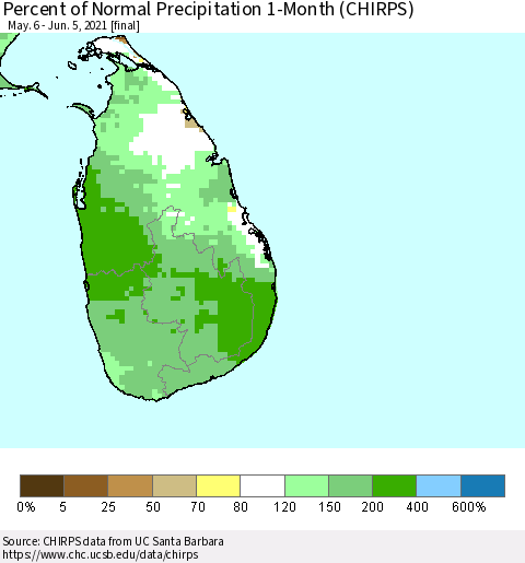 Sri Lanka Percent of Normal Precipitation 1-Month (CHIRPS) Thematic Map For 5/6/2021 - 6/5/2021
