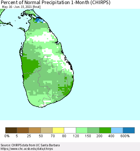 Sri Lanka Percent of Normal Precipitation 1-Month (CHIRPS) Thematic Map For 5/16/2021 - 6/15/2021