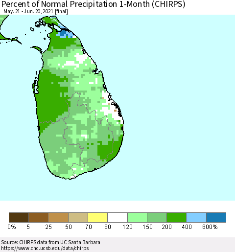 Sri Lanka Percent of Normal Precipitation 1-Month (CHIRPS) Thematic Map For 5/21/2021 - 6/20/2021