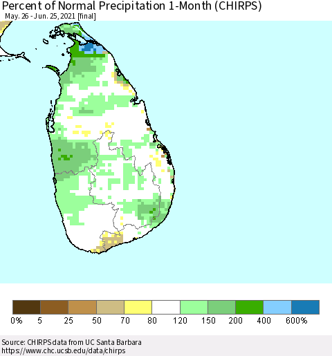 Sri Lanka Percent of Normal Precipitation 1-Month (CHIRPS) Thematic Map For 5/26/2021 - 6/25/2021