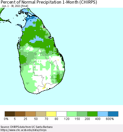 Sri Lanka Percent of Normal Precipitation 1-Month (CHIRPS) Thematic Map For 6/1/2021 - 6/30/2021