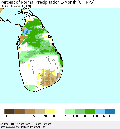 Sri Lanka Percent of Normal Precipitation 1-Month (CHIRPS) Thematic Map For 6/6/2021 - 7/5/2021
