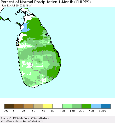 Sri Lanka Percent of Normal Precipitation 1-Month (CHIRPS) Thematic Map For 6/11/2021 - 7/10/2021