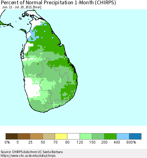 Sri Lanka Percent of Normal Precipitation 1-Month (CHIRPS) Thematic Map For 6/21/2021 - 7/20/2021
