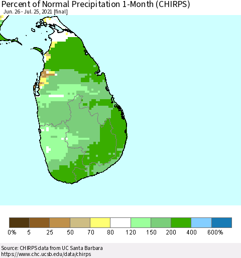 Sri Lanka Percent of Normal Precipitation 1-Month (CHIRPS) Thematic Map For 6/26/2021 - 7/25/2021