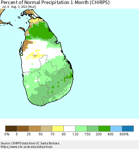 Sri Lanka Percent of Normal Precipitation 1-Month (CHIRPS) Thematic Map For 7/6/2021 - 8/5/2021