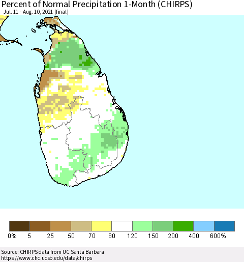 Sri Lanka Percent of Normal Precipitation 1-Month (CHIRPS) Thematic Map For 7/11/2021 - 8/10/2021