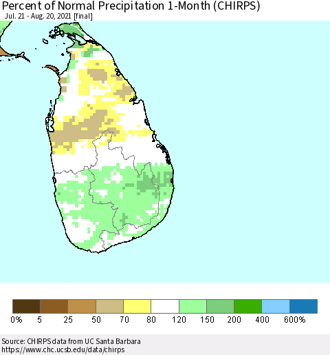 Sri Lanka Percent of Normal Precipitation 1-Month (CHIRPS) Thematic Map For 7/21/2021 - 8/20/2021
