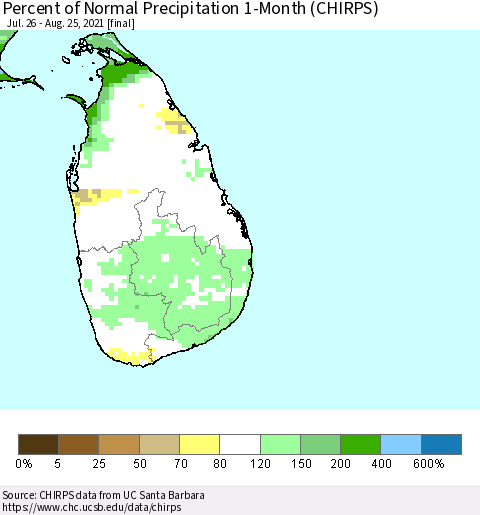 Sri Lanka Percent of Normal Precipitation 1-Month (CHIRPS) Thematic Map For 7/26/2021 - 8/25/2021