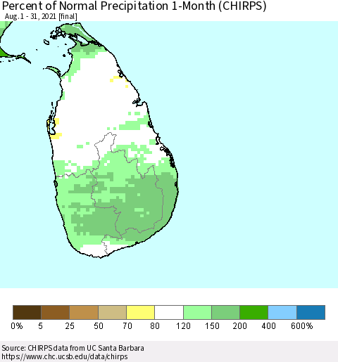 Sri Lanka Percent of Normal Precipitation 1-Month (CHIRPS) Thematic Map For 8/1/2021 - 8/31/2021