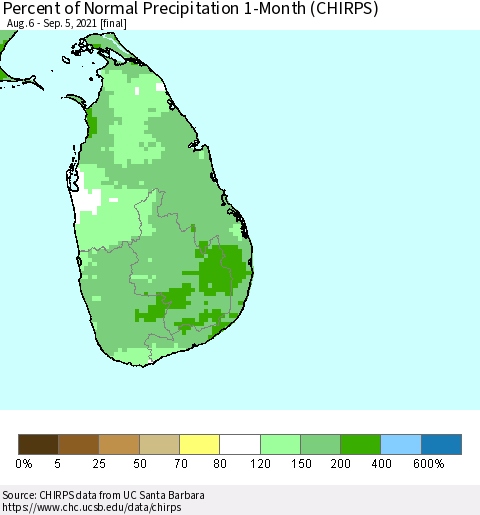 Sri Lanka Percent of Normal Precipitation 1-Month (CHIRPS) Thematic Map For 8/6/2021 - 9/5/2021