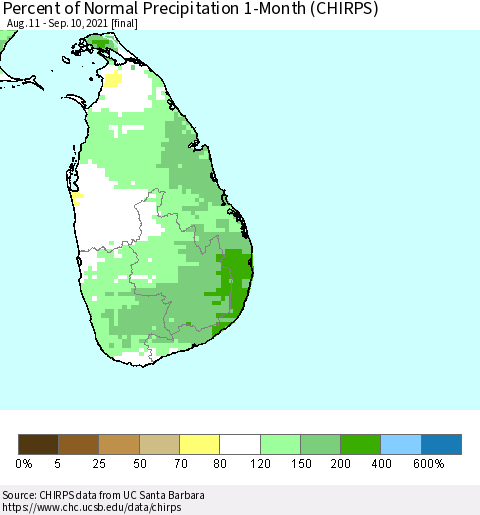 Sri Lanka Percent of Normal Precipitation 1-Month (CHIRPS) Thematic Map For 8/11/2021 - 9/10/2021
