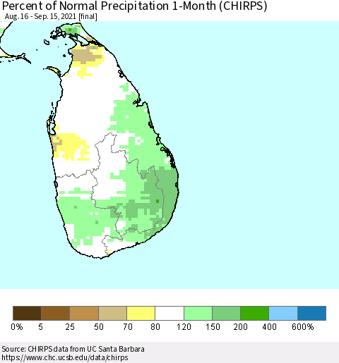 Sri Lanka Percent of Normal Precipitation 1-Month (CHIRPS) Thematic Map For 8/16/2021 - 9/15/2021
