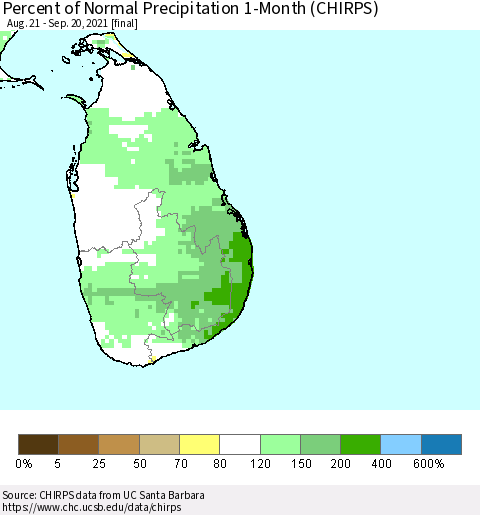 Sri Lanka Percent of Normal Precipitation 1-Month (CHIRPS) Thematic Map For 8/21/2021 - 9/20/2021