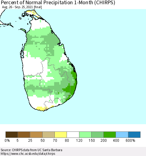 Sri Lanka Percent of Normal Precipitation 1-Month (CHIRPS) Thematic Map For 8/26/2021 - 9/25/2021