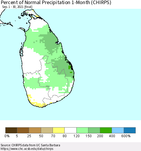 Sri Lanka Percent of Normal Precipitation 1-Month (CHIRPS) Thematic Map For 9/1/2021 - 9/30/2021