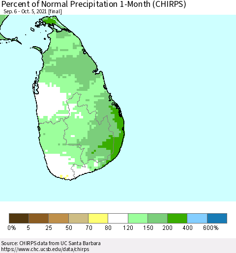 Sri Lanka Percent of Normal Precipitation 1-Month (CHIRPS) Thematic Map For 9/6/2021 - 10/5/2021