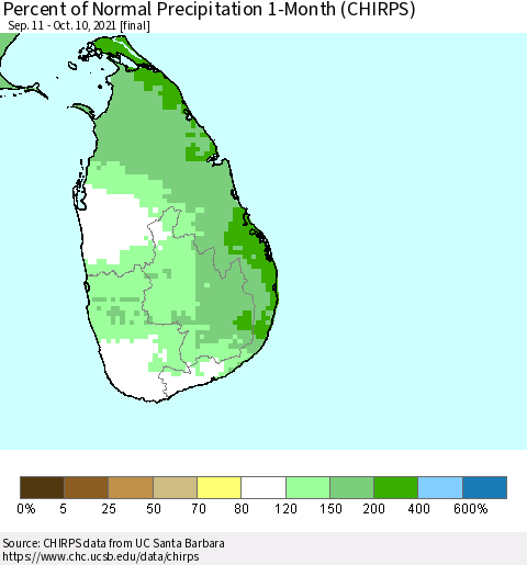 Sri Lanka Percent of Normal Precipitation 1-Month (CHIRPS) Thematic Map For 9/11/2021 - 10/10/2021