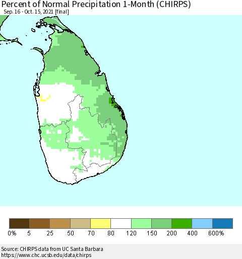 Sri Lanka Percent of Normal Precipitation 1-Month (CHIRPS) Thematic Map For 9/16/2021 - 10/15/2021