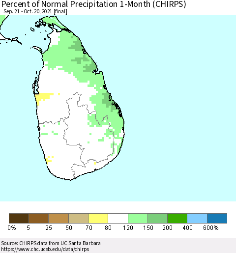Sri Lanka Percent of Normal Precipitation 1-Month (CHIRPS) Thematic Map For 9/21/2021 - 10/20/2021