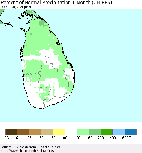 Sri Lanka Percent of Normal Precipitation 1-Month (CHIRPS) Thematic Map For 10/1/2021 - 10/31/2021