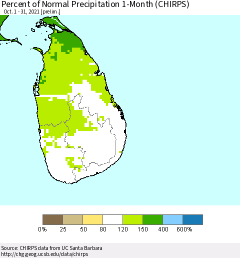 Sri Lanka Percent of Normal Precipitation 1-Month (CHIRPS) Thematic Map For 10/1/2021 - 10/31/2021