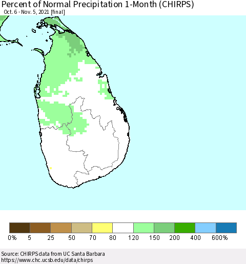 Sri Lanka Percent of Normal Precipitation 1-Month (CHIRPS) Thematic Map For 10/6/2021 - 11/5/2021
