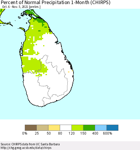 Sri Lanka Percent of Normal Precipitation 1-Month (CHIRPS) Thematic Map For 10/6/2021 - 11/5/2021
