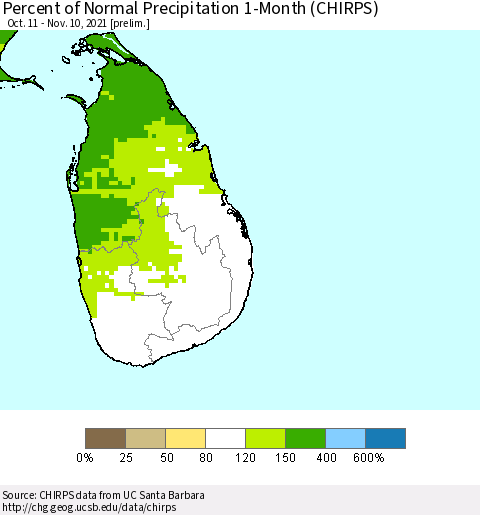 Sri Lanka Percent of Normal Precipitation 1-Month (CHIRPS) Thematic Map For 10/11/2021 - 11/10/2021
