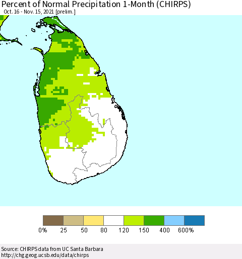 Sri Lanka Percent of Normal Precipitation 1-Month (CHIRPS) Thematic Map For 10/16/2021 - 11/15/2021