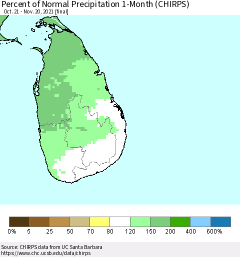Sri Lanka Percent of Normal Precipitation 1-Month (CHIRPS) Thematic Map For 10/21/2021 - 11/20/2021
