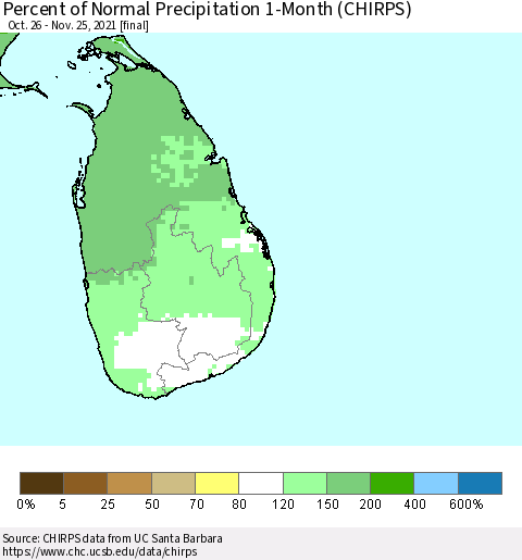 Sri Lanka Percent of Normal Precipitation 1-Month (CHIRPS) Thematic Map For 10/26/2021 - 11/25/2021