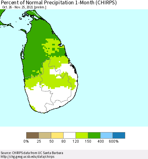 Sri Lanka Percent of Normal Precipitation 1-Month (CHIRPS) Thematic Map For 10/26/2021 - 11/25/2021