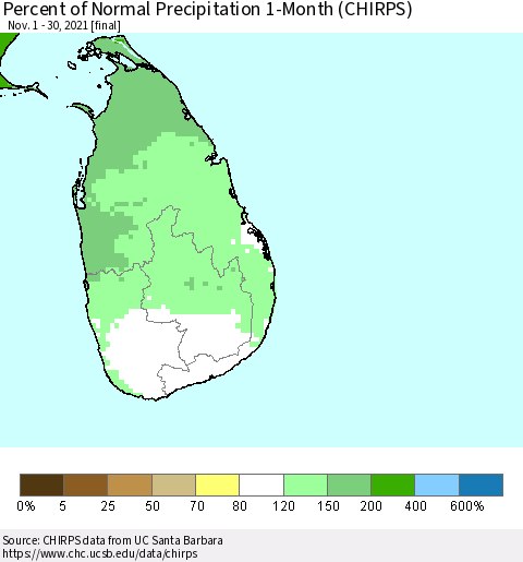 Sri Lanka Percent of Normal Precipitation 1-Month (CHIRPS) Thematic Map For 11/1/2021 - 11/30/2021