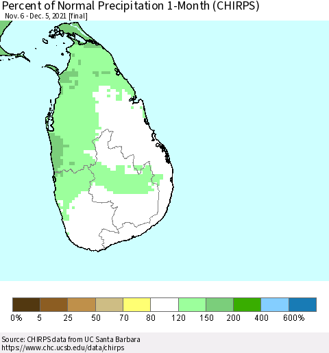 Sri Lanka Percent of Normal Precipitation 1-Month (CHIRPS) Thematic Map For 11/6/2021 - 12/5/2021