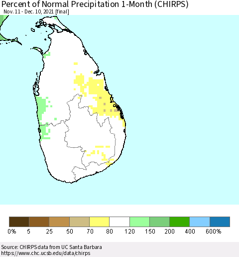 Sri Lanka Percent of Normal Precipitation 1-Month (CHIRPS) Thematic Map For 11/11/2021 - 12/10/2021