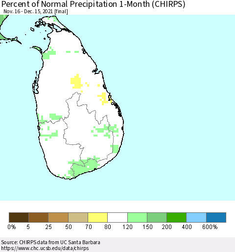 Sri Lanka Percent of Normal Precipitation 1-Month (CHIRPS) Thematic Map For 11/16/2021 - 12/15/2021