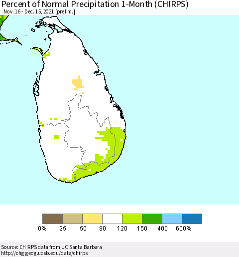 Sri Lanka Percent of Normal Precipitation 1-Month (CHIRPS) Thematic Map For 11/16/2021 - 12/15/2021