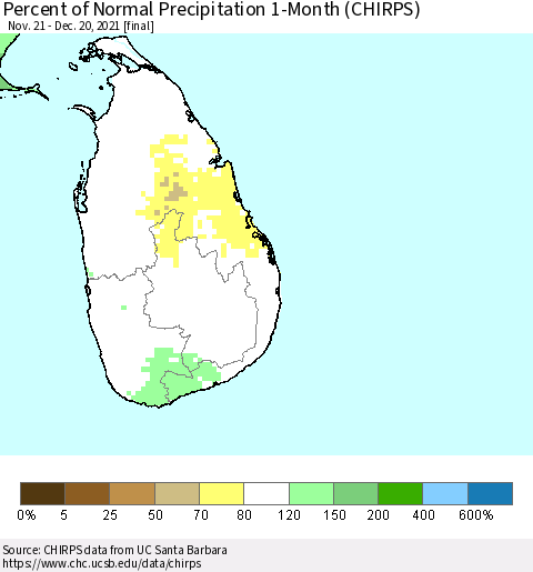 Sri Lanka Percent of Normal Precipitation 1-Month (CHIRPS) Thematic Map For 11/21/2021 - 12/20/2021