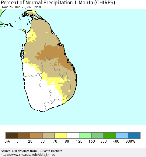 Sri Lanka Percent of Normal Precipitation 1-Month (CHIRPS) Thematic Map For 11/26/2021 - 12/25/2021