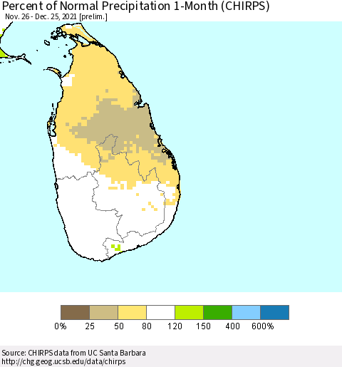 Sri Lanka Percent of Normal Precipitation 1-Month (CHIRPS) Thematic Map For 11/26/2021 - 12/25/2021